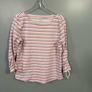 Talbots Embroidered Striped Boatneck Top Medium Red White Blue Tie Sleeve Shirt